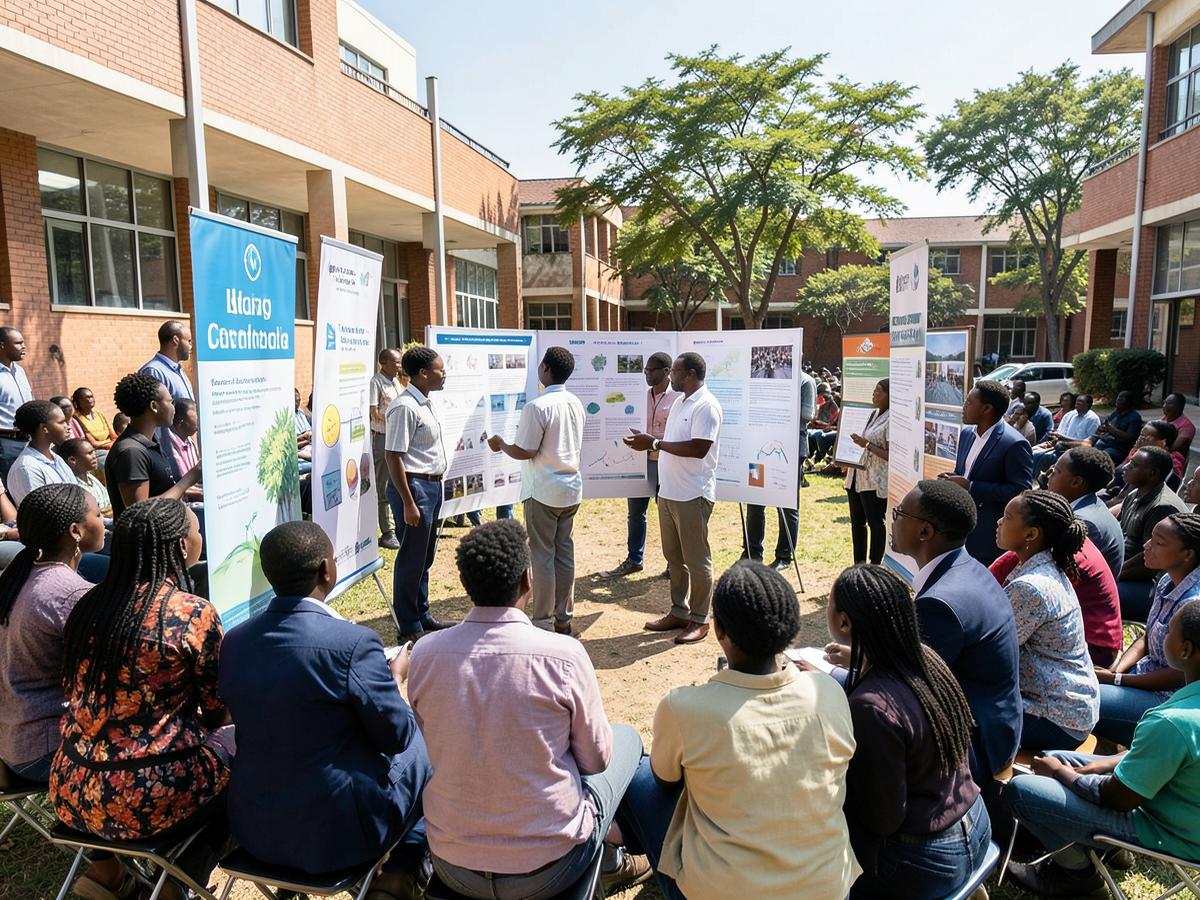 Students presenting research at the SDG poster exhibition