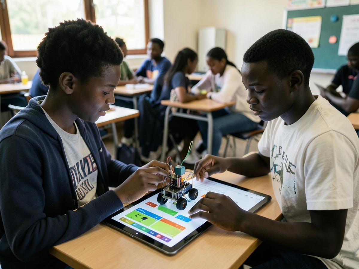 Students programming a LEGO robot with a tablet